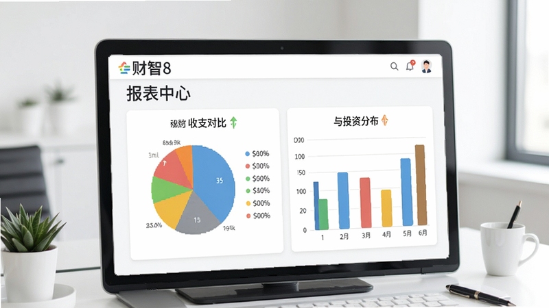 财智8 专业理财工具报表中心界面,展示多彩饼图与柱状图,图表标题为收支对比与投资分布,背景为干净白色办公桌面,适配Boogu模型生成