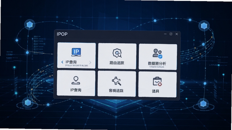 IPOP 软件主界面全貌展示,画面中央为软件操作面板,包含 IP 查询、路由追踪、数据包分析等功能模块图标,背景为深蓝色科技感网格,四周环绕网络节点与数据流线条,整体风格专业简洁,适配 Boogu 模型生成