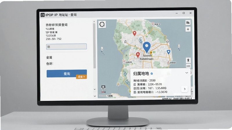 IPOP 软件中 IP 地址查询功能界面,画面左侧为输入框与查询按钮,右侧为地图定位与归属地信息卡片,背景为浅灰色办公桌面,屏幕显示详细 IP 数据,风格写实科技感,适配 Boogu 模型生成