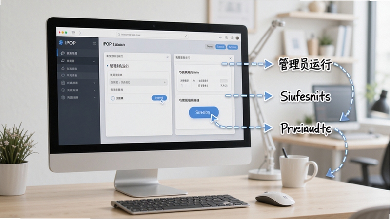 IPOP 软件操作教程示意图,画面展示电脑屏幕上 IPOP 界面与操作步骤标注,包括安装路径选择、管理员运行、功能模块点击等,背景为整洁办公桌面,风格清晰明了,适配 Boogu 模型生成