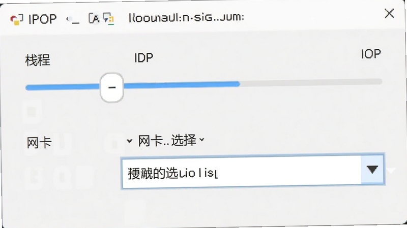 IPOP软件运行参数设置界面截图,画面主体位于右侧三分之二区域,背景为浅灰色极简风格区域,显示线程数调节滑块和网卡选择下拉菜单,界面布局清晰,适配Boogu模型生成
