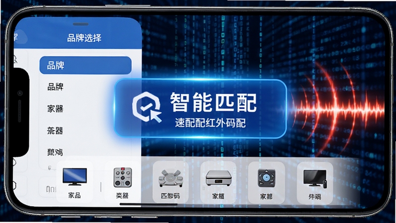万能遥控器速配红外码库匹配界面,手机屏幕显示品牌选择列表与家电类型图标,背景为科技感数据流与红外信号波纹,画面中央突出智能匹配成功的高亮提示,整体色调为蓝白相间,体现海量码库与精准匹配能力