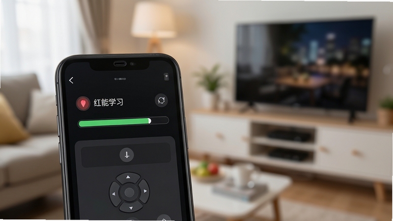 万能遥控器速配红外学习功能界面,手机顶部红外发射口对准传统遥控器,屏幕显示学习进度条与按键自定义编辑面板,背景为家居环境虚化效果,突出智能学习与个性化定制功能,画面风格简洁实用
