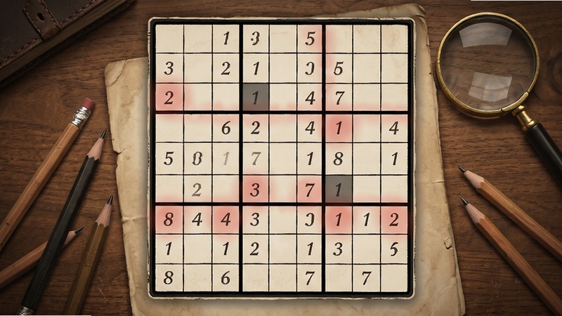 命案数独游戏内的错误提示与笔记模式界面,画面中央为放大的九宫格局部,部分格子内标有小号候选数字,错误位置以淡红色光晕标注,背景区域为木质桌面与散落的铅笔和放大镜,整体风格复古而精致