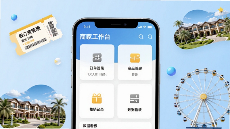 美团门票度假商家应用主界面全貌展示,画面中央为手机屏幕,屏幕内呈现商家工作台首页,包含订单管理、商品管理、核销记录、数据看板等模块图标,背景为浅蓝色渐变商务风格,周围点缀景区门票、度假村、摩天轮等旅游元素,整体色调清爽专业,适配Boogu模型生成高质量产品展示图