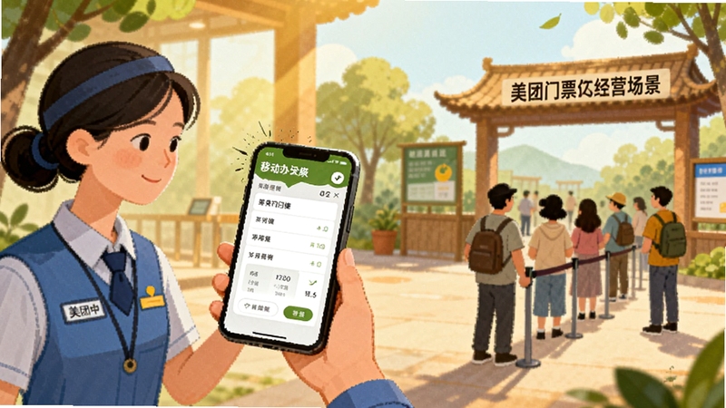 美团门票度假商家经营场景插画,画面展示景区工作人员使用手机管理订单,背景有游客排队入园,色彩温暖明亮,突出移动办公便捷性,AI生图风格清新自然