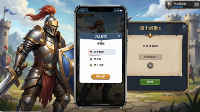骑士战歌答题器移动端悬浮窗使用场景,画面主体为手机屏幕显示答题器悬浮窗,位于画面中央,背景为骑士战歌游戏画面,包含骑士角色与答题界面,色调明亮,突出便捷操作,画面清晰,风格写实