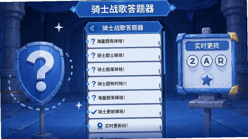 骑士战歌答题器题库界面,画面主体为滚动题库列表,位于画面中央,背景为游戏答题场景,包含问号与答题板元素,色调以蓝色和白色为主,突出海量题库与实时更新特点,画面清晰,风格简洁现代