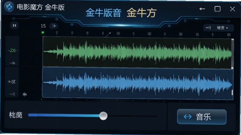 电影魔方 金牛版音频处理功能特写,界面中展示音轨波形图,音量调节滑块,背景音乐导入按钮,软件名称电影魔方 金牛版显示在窗口标题栏,科技感蓝色调,适合作为软件功能说明配图