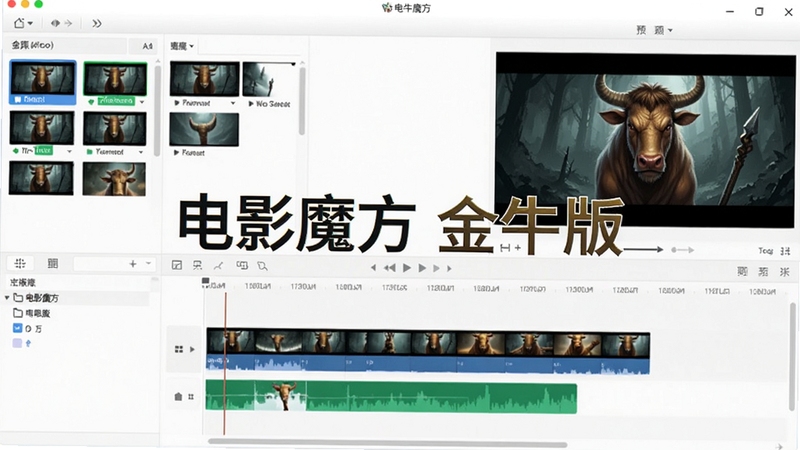 电影魔方 金牛版视频剪辑界面展示,时间轴上排列多个视频片段,左侧素材库,右侧预览窗口,界面简洁清爽,浅色主题,屏幕中显示电影魔方 金牛版软件名称,整体风格接近真实软件截图,适合作为下载站配图