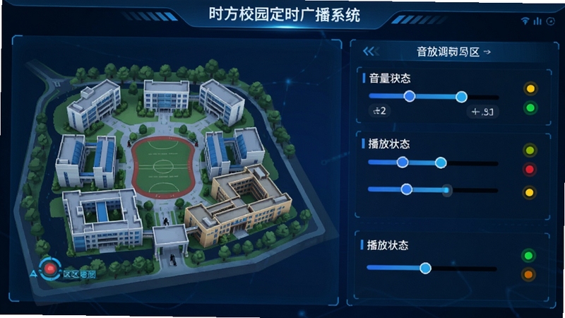 时方校园定时广播系统多分区控制功能示意图,画面左侧展示校园建筑分区地图,右侧为对应分区音量调节滑块与播放状态指示灯,界面采用蓝色科技感配色,数据可视化清晰,适配Boogu模型生成。