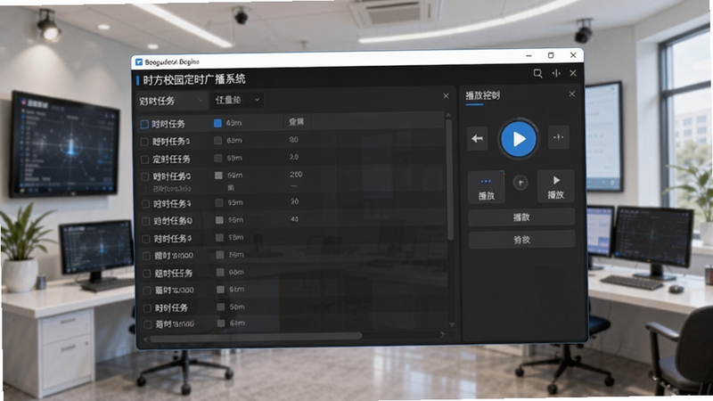 时方校园定时广播系统软件主界面全貌展示,画面中央为软件操作窗口,左侧显示定时任务列表,右侧为播放控制面板,背景为现代化校园广播室环境,简洁明亮的UI设计风格,高清细节,专业软件截图质感,适配Boogu模型生成。
