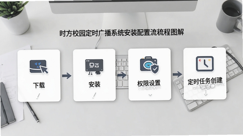 时方校园定时广播系统安装配置流程图解,画面以步骤卡片形式展示从下载、安装、权限设置到定时任务创建的全过程,背景为浅灰色办公桌面,图标简洁清晰,适配Boogu模型生成。