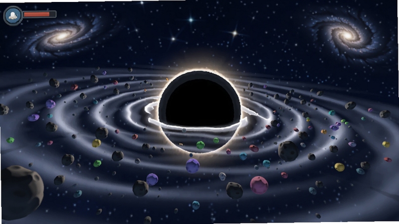 游戏界面截图风格,一颗黑色星球在宇宙中吞噬周围散落的陨石碎片和彩色小行星,星球周围有引力波纹特效,背景是深蓝色星空与遥远星系,画面明亮清晰,突出流浪星球:黑洞吞噬的成长感,适配Boogu模型生成