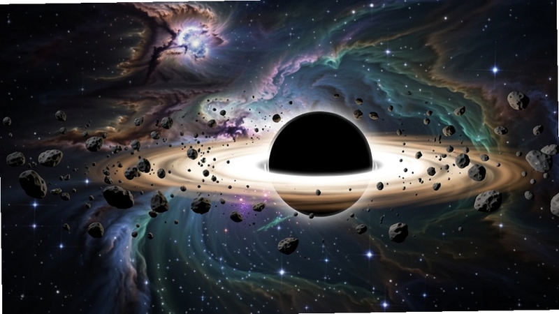 宇宙星云场景中,一颗黑色星球正通过引力牵引周围的小行星,画面中可见光线弯曲和碎片飞散效果,背景是绚丽的星云与恒星,整体风格科幻写实,体现流浪星球:黑洞吞噬的物理模拟特色,适配Boogu模型生成