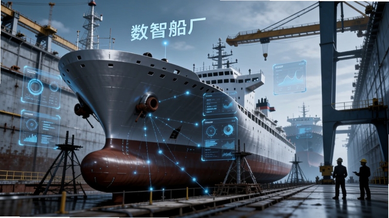 画面主体为一艘正在建造中的大型船舶,位于画面中央偏左,船体呈现银灰色金属质感,周围环绕数字化全息数据面板与蓝色光点连线,背景为现代化船厂干船坞区域,右侧有起重机与工人剪影,整体色调为科技蓝与工业灰,风格写实偏未来感,画面中清晰可见“数智船厂”字样浮动于船舶上方,适配Boogu模型生成