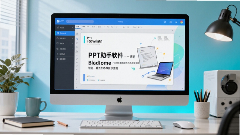 PPT助手软件智能一键生成功能界面预览图,画面主体为软件操作窗口居中显示,背景为简洁办公桌面环境,屏幕中展示由文字自动生成幻灯片的过程,色彩明亮,科技感与办公氛围融合,细节清晰,适配Boogu模型生成