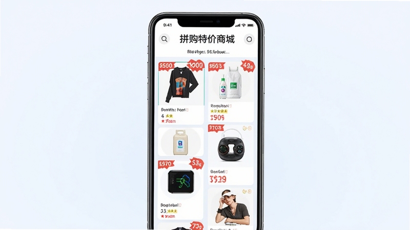 拼购特价商城首页展示限时特价商品瀑布流,手机屏幕中央排列着服饰、日用品、数码配件等商品卡片,每张卡片带有醒目的折扣标签,背景为浅色渐变,整体风格清爽明亮,突出拼购特价商城的省钱购物氛围。