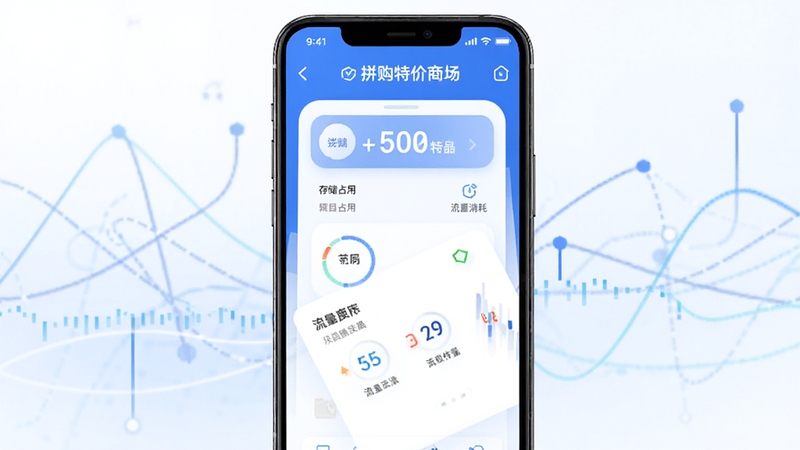 拼购特价商城轻量省流功能展示,手机屏幕显示软件存储占用和流量消耗数据面板,界面简洁,以蓝色和白色为主色调,突出拼购特价商城轻量快速的特点,背景为抽象的数据线条。