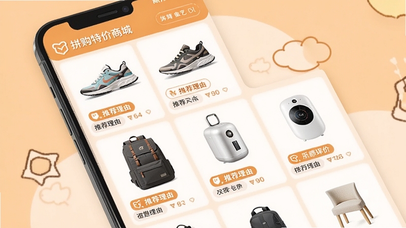 拼购特价商城个性化推荐页面,手机屏幕展示根据用户喜好推荐的商品列表,包含运动鞋、背包、小家电等,每件商品配有推荐理由标签,背景为温馨的浅橙色,突出拼购特价商城的智能推荐能力。