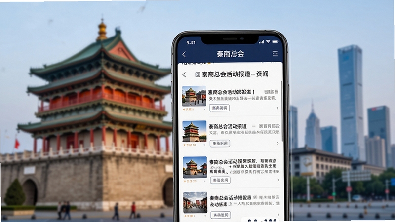 秦商总会APP资讯页面展示图,画面主体为手机屏幕特写,屏幕内呈现商会新闻列表与详情页,标题包含秦商总会活动报道,背景为虚化的西安钟楼与现代化城市天际线,整体风格商务简约,色彩以白色和深蓝色为主,突出阅读舒适感