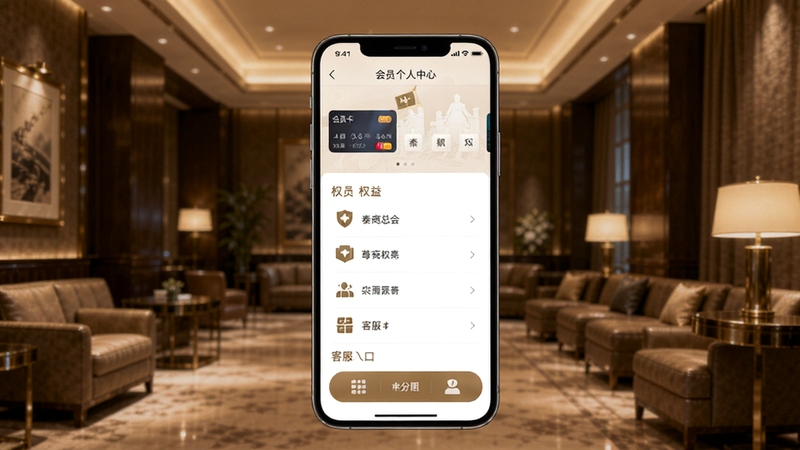 秦商总会APP会员服务界面图,画面主体为手机屏幕展示会员个人中心页面,包含会员卡、权益列表、客服入口等元素,背景为高端商务会所内景,色调温暖柔和,体现尊贵服务体验
