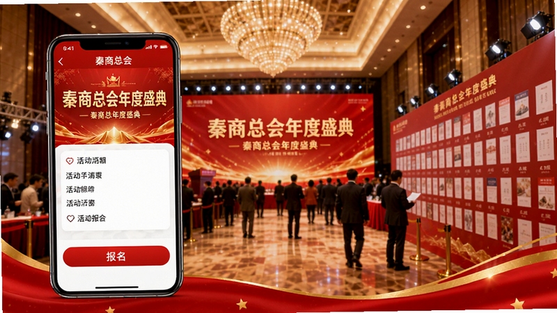 秦商总会APP活动报名页面图,画面主体为手机屏幕展示活动详情与报名按钮,活动主题为秦商总会年度盛典,背景为大型会议厅现场与签到墙,整体氛围热烈庄重,色彩以红色和金色点缀