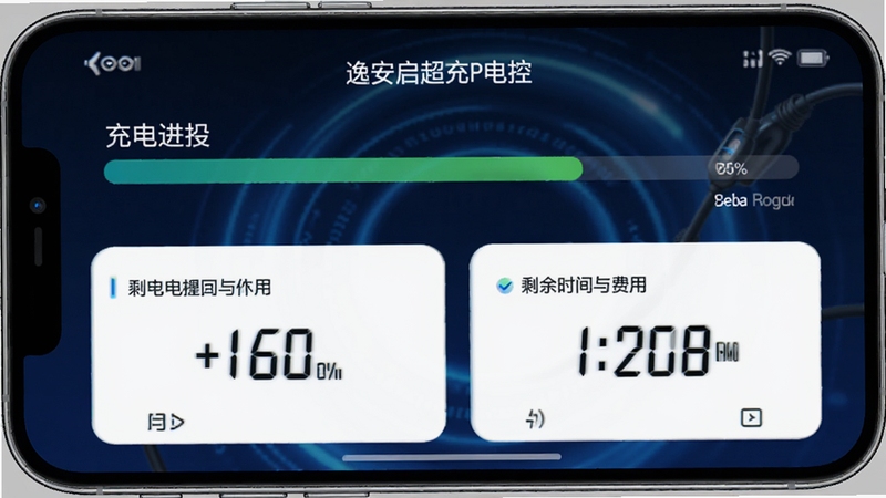 逸安启超充APP充电监控界面,手机屏幕显示充电进度条、电量百分比、剩余时间与费用数字,背景为深蓝色科技感光晕,突出实时监控功能,适配Boogu模型生成