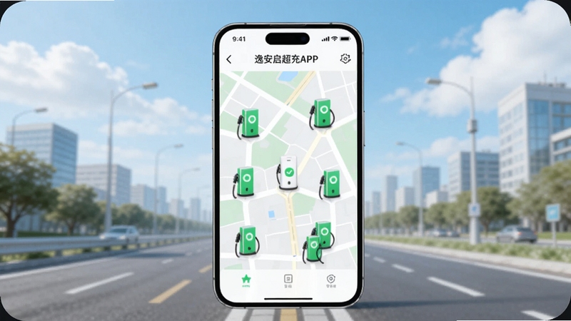 画面中央是一部智能手机,屏幕上显示逸安启超充APP的充电站地图界面,地图上标注多个绿色充电桩图标,背景是城市道路与蓝天白云,整体色调清新明亮,突出便捷充电主题,适配Boogu模型生成