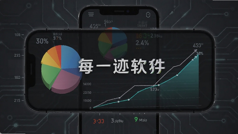 每一迹数据统计界面,手机屏幕显示彩色饼图和上升折线图,周围环绕数字百分比与时间刻度,背景为深灰色科技感风格,画面中央浮现每一迹软件名称