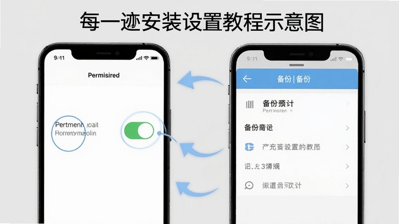 每一迹安装设置教程示意图,画面展示手机屏幕上的权限开关按钮与备份菜单,背景为浅灰色,带有箭头指引标注,风格清晰直观