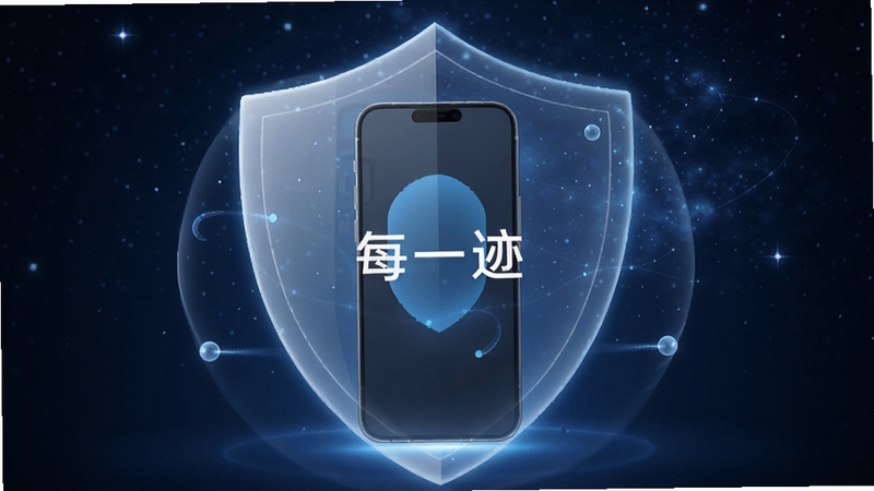 每一迹隐私安全主题图,画面中央是一部手机被盾牌形状的光罩保护,盾牌上显示每一迹图标,背景为深蓝色星空,象征数据安全与隐私保护