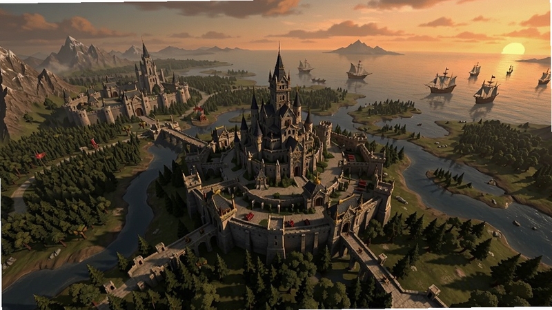上古世纪奇幻大陆全景场景,画面中央是宏伟的城堡建筑群,四周环绕着茂密的森林与蜿蜒的河流,远处有帆船航行在辽阔海面上,天空呈现黄昏暖色调,整体风格为史诗奇幻CG概念图,细节丰富,光影层次分明,适配Boogu模型生成