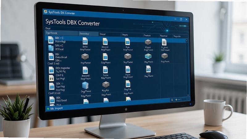 SysTools DBX Converter 软件界面展示多个DBX文件批量导入列表,科技蓝色调,电脑屏幕特写,整洁办公桌面背景