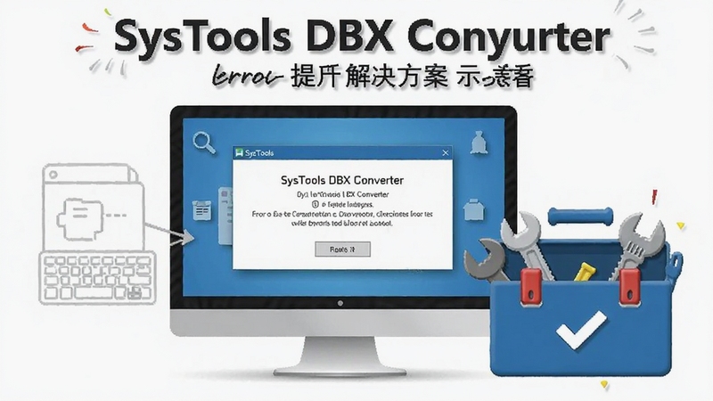 SysTools DBX Converter 错误提示与解决方案示意图,电脑屏幕显示报错窗口,旁边配有工具箱图标,问题排查主题