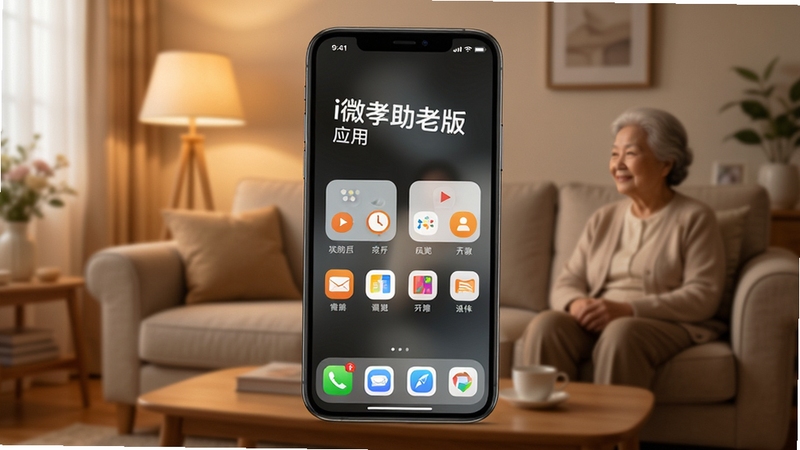 整体展示i微孝助老版应用主界面,画面中央为一部智能手机,屏幕显示大字体、大图标的极简桌面布局,背景为温馨的家庭客厅环境,暖色调光线,突出适老化设计元素,高清写实风格,画面主体坐标居中,背景区域柔和虚化。