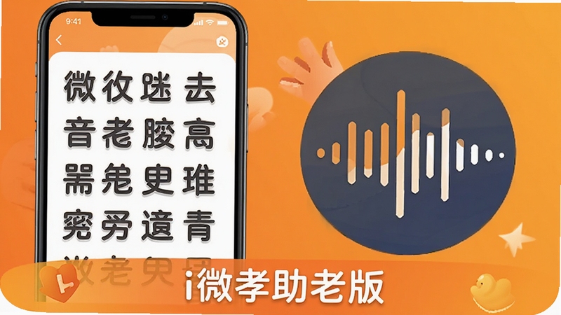 i微孝助老版语音播报与放大镜功能展示,画面左侧为手机屏幕显示放大的文字内容,右侧为语音播报的声波图标,背景为温暖的橙色渐变,体现关怀与温暖,软件名称i微孝助老版在底部居中,高清插画风格。