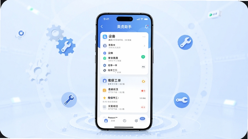 画面中央展示一部智能手机,屏幕上清晰显示英虎助手应用主界面,界面包含设备列表与维保工单卡片,背景为浅蓝色渐变科技感空间,周围漂浮着齿轮、扳手等维保元素图标,整体风格简洁明亮,适配Boogu模型生成