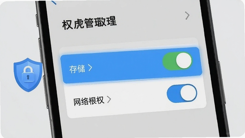 英虎助手安装权限设置界面示意图,手机屏幕显示权限管理页面,高亮标注存储与网络权限开关,背景为浅灰色极简风格,配有盾牌安全图标