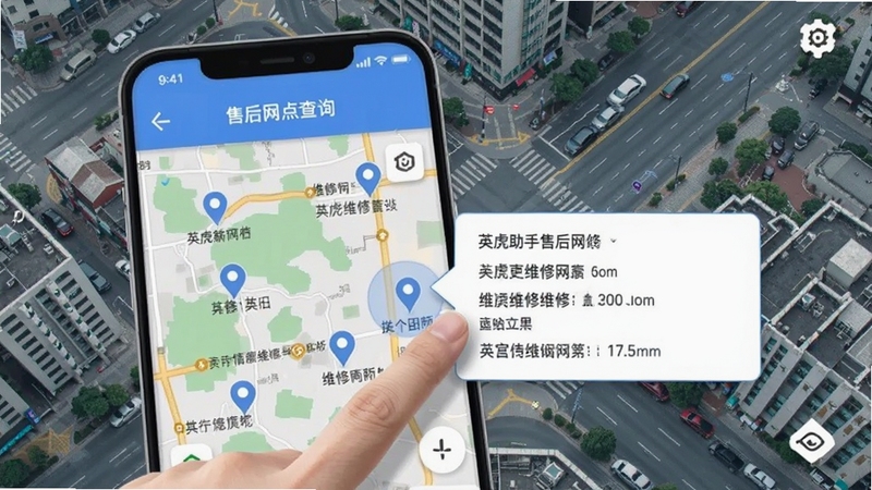英虎助手售后网点查询页面,手机地图上标注多个维修网点位置,用户手指点击其中一个网点弹出详细信息卡片,背景为城市街道俯瞰图,色调清新