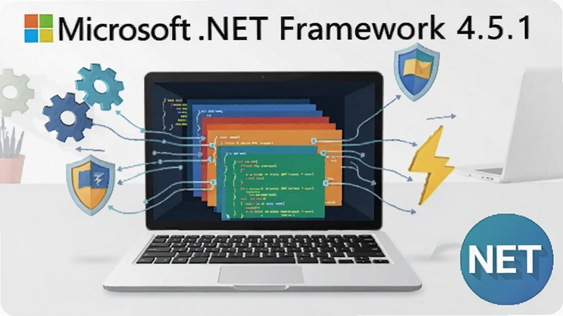 Microsoft .NET Framework 4.5.1 ����չʾͼ������������һ̨�򿪵ıʼǱ����ԣ���Ļ�ڲ���ʾ����ɫ������������ߣ���Χ�����ų��֡����ƺ�����ͼ�꣬����Ϊǳ��ɫ�칫���棬�������½Ƿ���һ��д�� NET ������Բ�λ��£������������죬����Booguģ������
