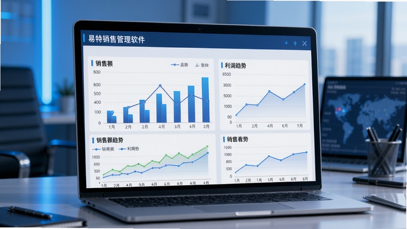 易特商业销售管理软件经营报表数据看板,画面中央为柱状图与折线图展示销售额与利润趋势,背景为办公室桌面与笔记本电脑,科技感蓝色调,简洁商务风格