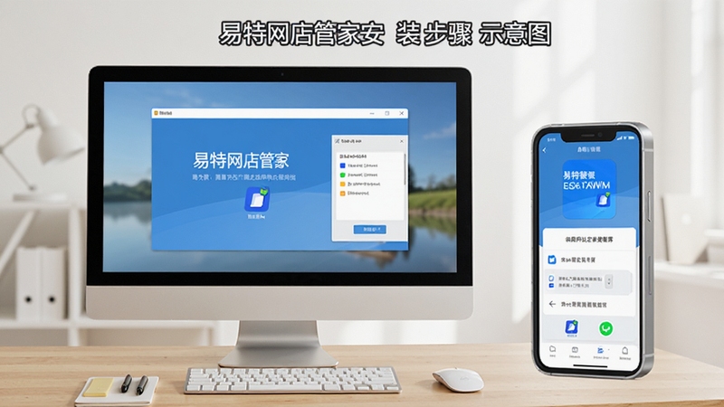 易特网店管家安装步骤示意图,画面中展示电脑屏幕上的安装向导界面和手机端的应用安装页面,背景为简洁的浅色桌面