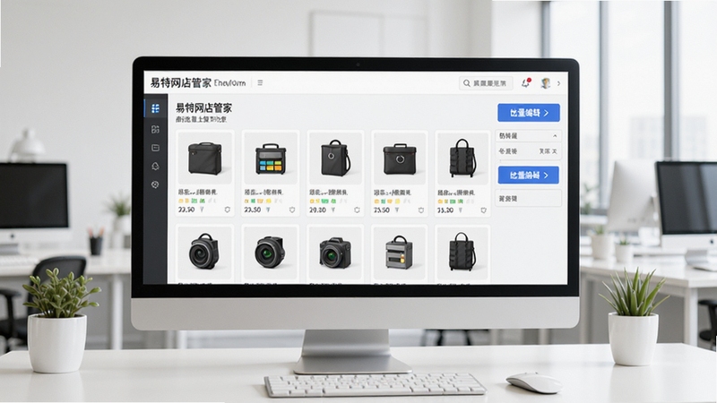 易特网店管家商品批量上架功能示意,界面上显示多个商品卡片和批量编辑按钮,背景是明亮整洁的电商运营办公环境