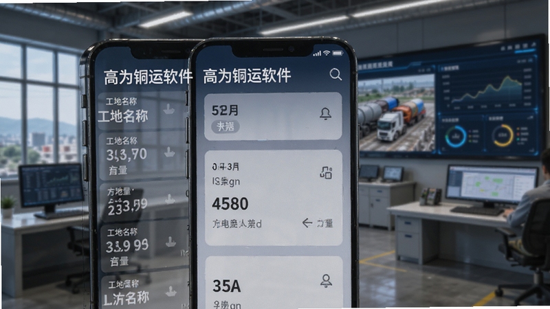 高为砼运运单接收界面概念图,画面主体为手机屏幕展示运单列表,背景区域为搅拌站调度室环境,屏幕中清晰呈现工地名称与方量数据,整体风格简洁科技感,突出高为砼运软件名称