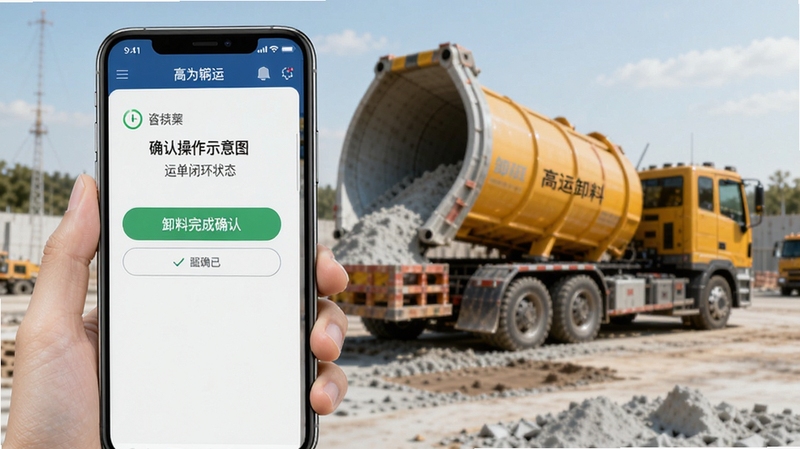 高为砼运卸料确认操作示意图,画面主体为手机屏幕显示卸料完成确认按钮与运单闭环状态,背景区域为混凝土卸料现场,包含高为砼运软件界面风格,整体色调干净利落