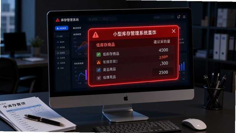 小型库存管理系统预警功能示意图,画面主体为电脑屏幕上弹出的红色库存预警提示框,框内列出低库存商品清单及建议采购数量。背景区域为深色调的现代化办公环境,屏幕旁边放着几份库存盘点表和一支笔。风格为科技感UI概念图,突出警示色彩与数据可视化元素。