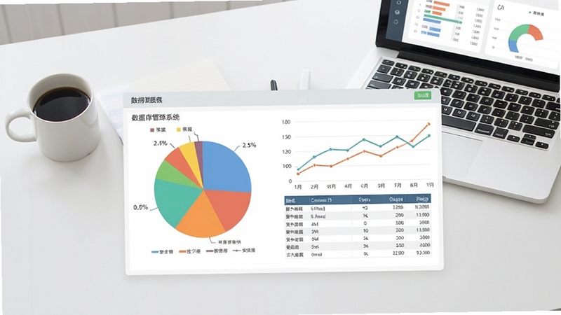 小型库存管理系统数据报表界面,画面中心位置展示一张色彩分明的饼状图与折线图组合看板,图表旁有数据表格。背景区域为干净简约的办公桌,桌上放着一杯咖啡和一台打开的笔记本电脑。整体风格为现代扁平化设计,色彩清新,突出数据分析的专业感与直观性。