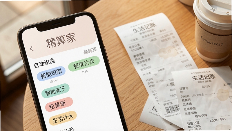 精算家智能记账功能特写,画面左侧为手机界面展示自动分类标签,右侧为散落的购物小票、发票与咖啡杯,背景为木质桌面,光线温暖自然,突出“智能识别”与“生活记账”的融合感,精算家字样以柔和字体出现在手机屏幕上方,整体构图平衡,细节丰富