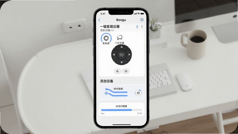 一张展示万能遥控器一键家居应用内添加设备向导界面的图片,画面主体为手机屏幕,显示品牌选择列表和配对进度条,背景为简洁的桌面,突出操作流程,适配Boogu模型生成